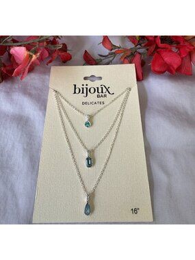 Bijoux Bar Delicates 3 Chain 16" Blue Stones Cubic Zirconia Silver Tone Necklace
